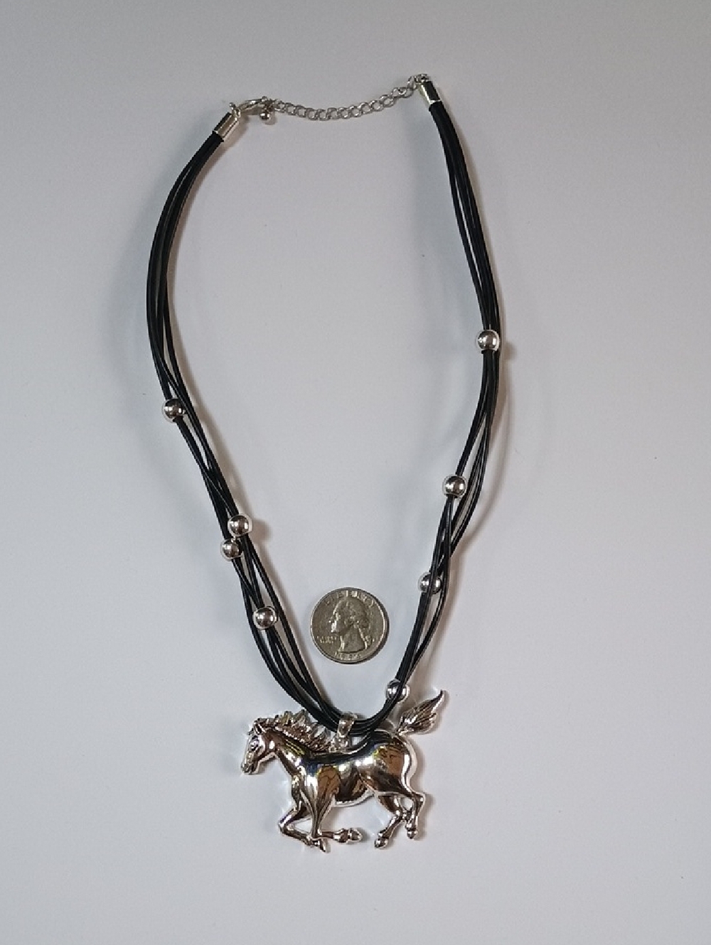 Silver Horse Pendant Black Multi-Strand Necklace